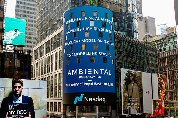Nasdaq announces Ambiental joins their risk modelling platform on the Nasdaq Tower in Times Square, New York.