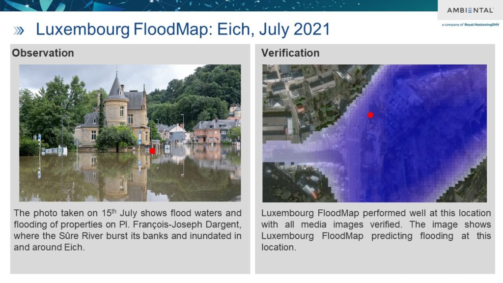 Ambiental's FloodMap shows predicted flooding around the River Eich in Luxembourg