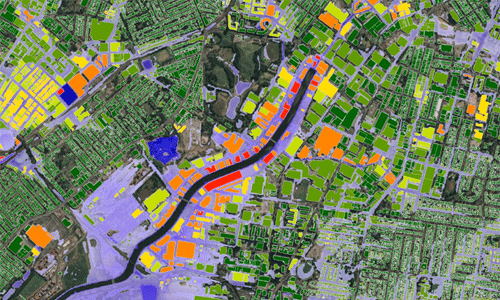 Ambiental’s Australia FloodScore product showing risk attached to building outlines data