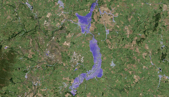 UK FloodMap performed well at this location with all media images of flood waters being verified as present in the flood prediction. The image shows the  UK FloodMap data predicting widespread inundation around to the East of Wrexham and impacting the village of Holt.