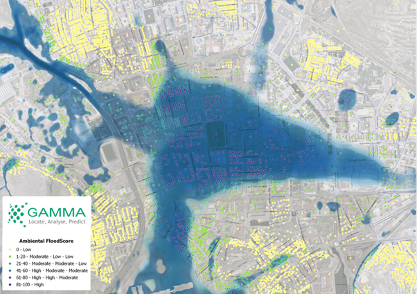 Gamma Location Intelligence showing flood risk for buildings in Cartagena, Murcia overlaid on flood risk raster data on Gamma LI’s Perilfinder platform.