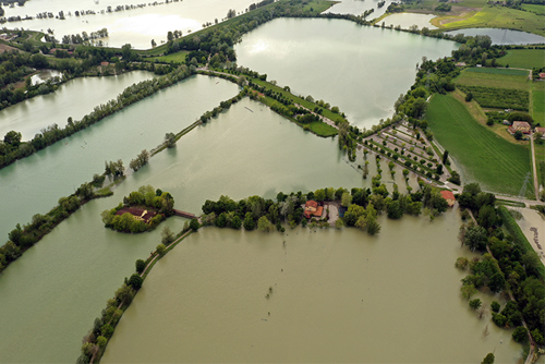 Aerial view of the Secchia river and flood flooding of 05/13/2019 near Campogalliano, Modena - Italy