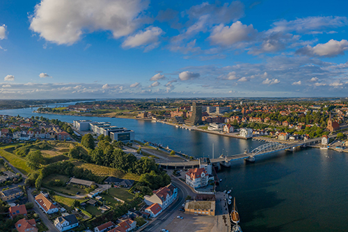 Aerial view of city, harbor and castle in Sonderborg, Jutland, Denmark, Europe.
