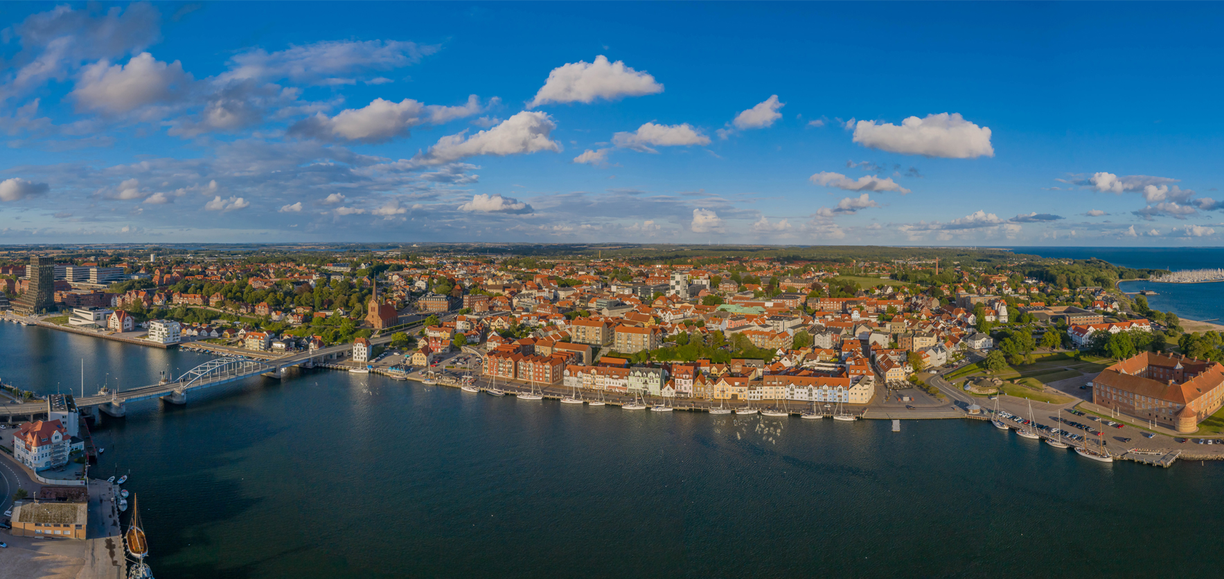 Aerial view of city, harbor and castle in Sonderborg, Jutland, Denmark, Europe.