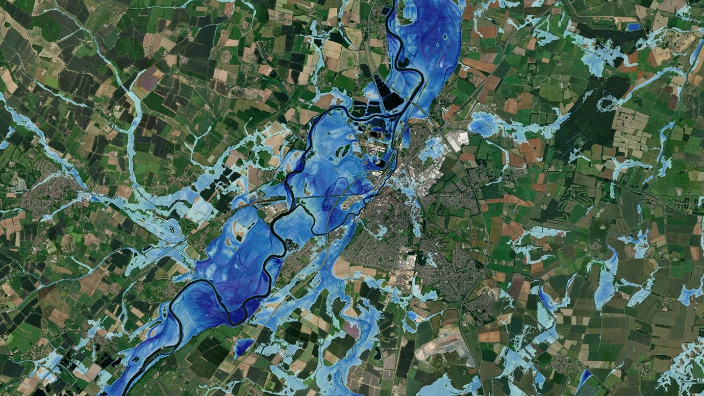 Image of Newark on Trent, Nottinghamshire, showing flood extents from Ambiental’s UKFloodMap4