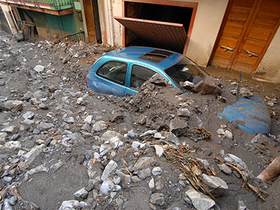 Wrecked car after severe flooding in Palermo, Sicily