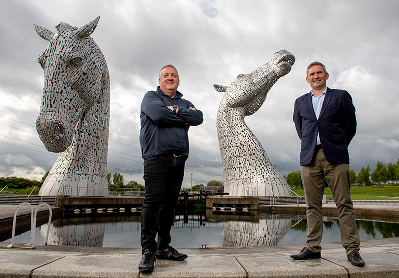 Paul Denton, CEO of Scottish Building Society and Justin Butler Ph.D. of Ambiental Risk Analytics at The Kelpies, Scotland