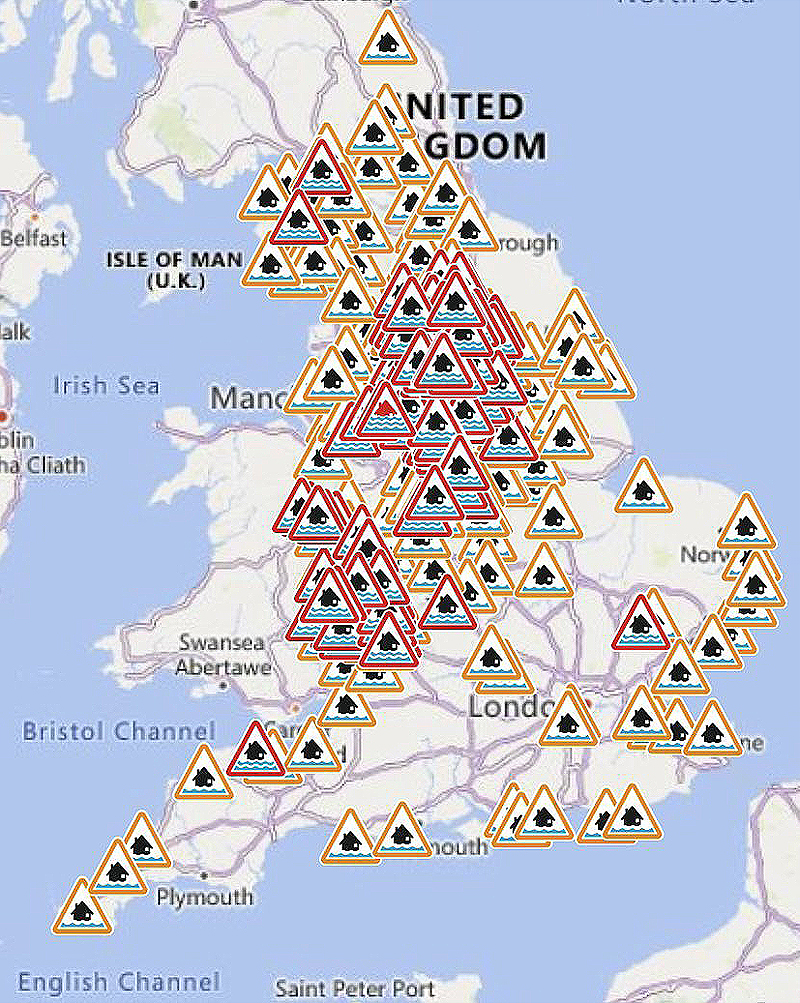England had 185 flood warnings & 2 severe flood warnings as of 7:00am on the 21st February