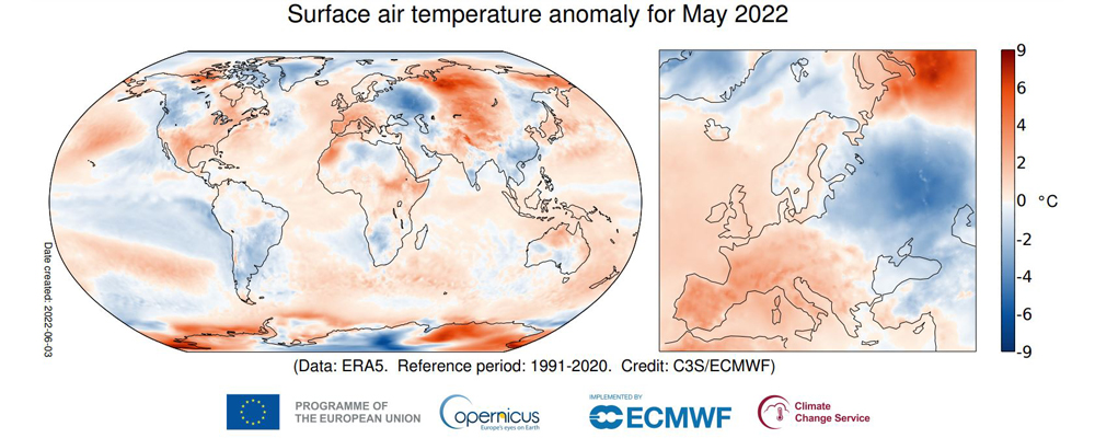 surface air temperature anomaly for may 2022 by copernicus