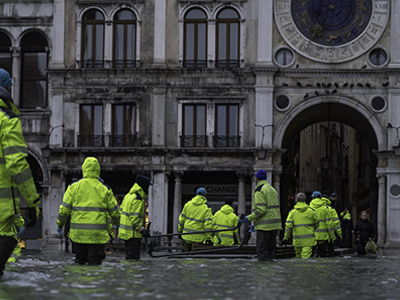 VENICE, ITALY - November 24, 2019: St. Marks Square (Piazza San Marco) during flood (acqua alta) in Venice, Italy. Venice high water. 